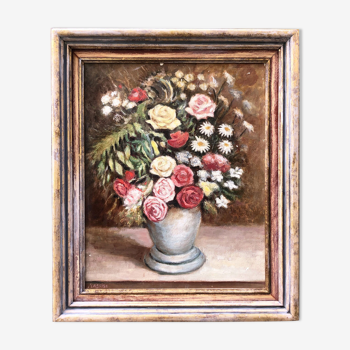 Tableau "Marguerites et roses pompons"