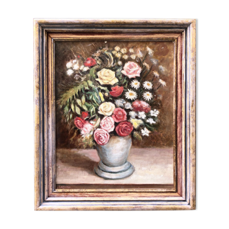 Tableau "Marguerites et roses pompons"