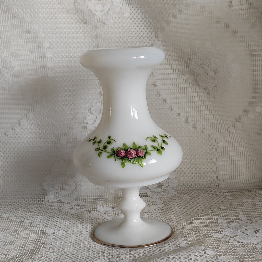 White opaline vase decorated with roses