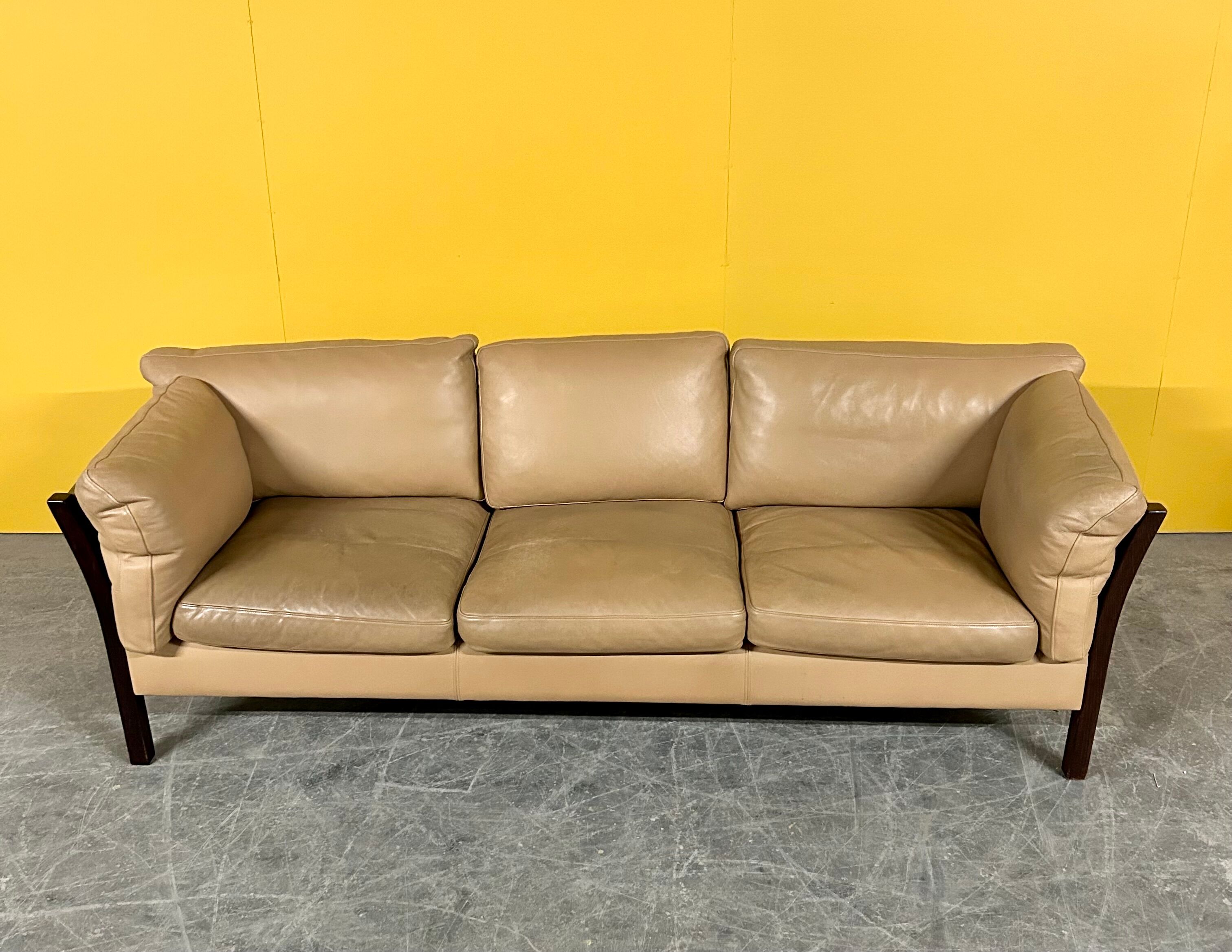 Danish vintage 3 seater tan leather sofa, 1960s