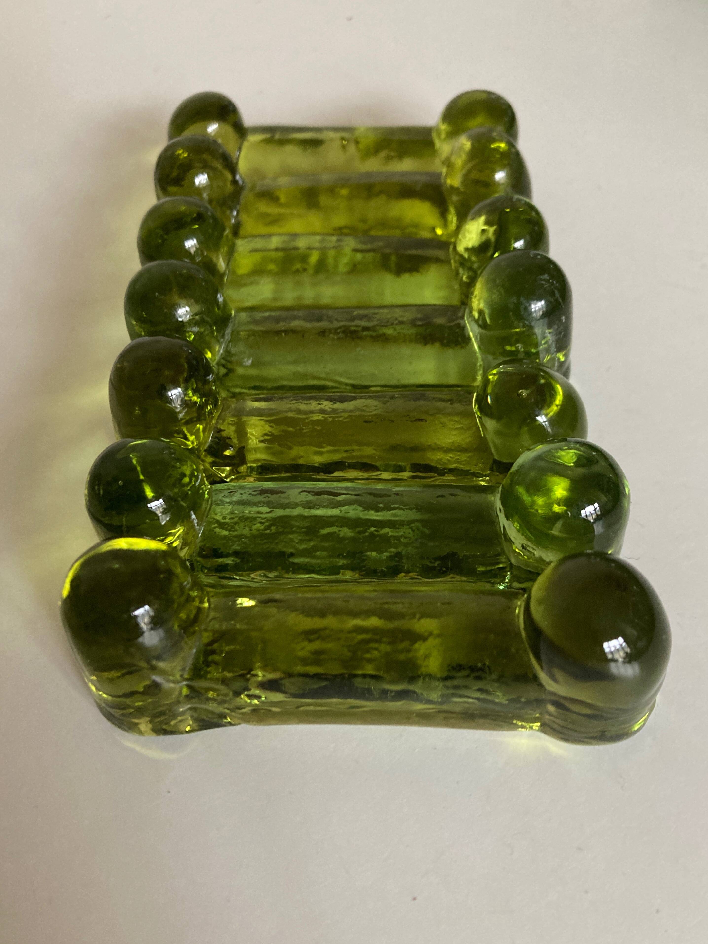 Set of 7 peridot green Biot glass knife holders 1970
