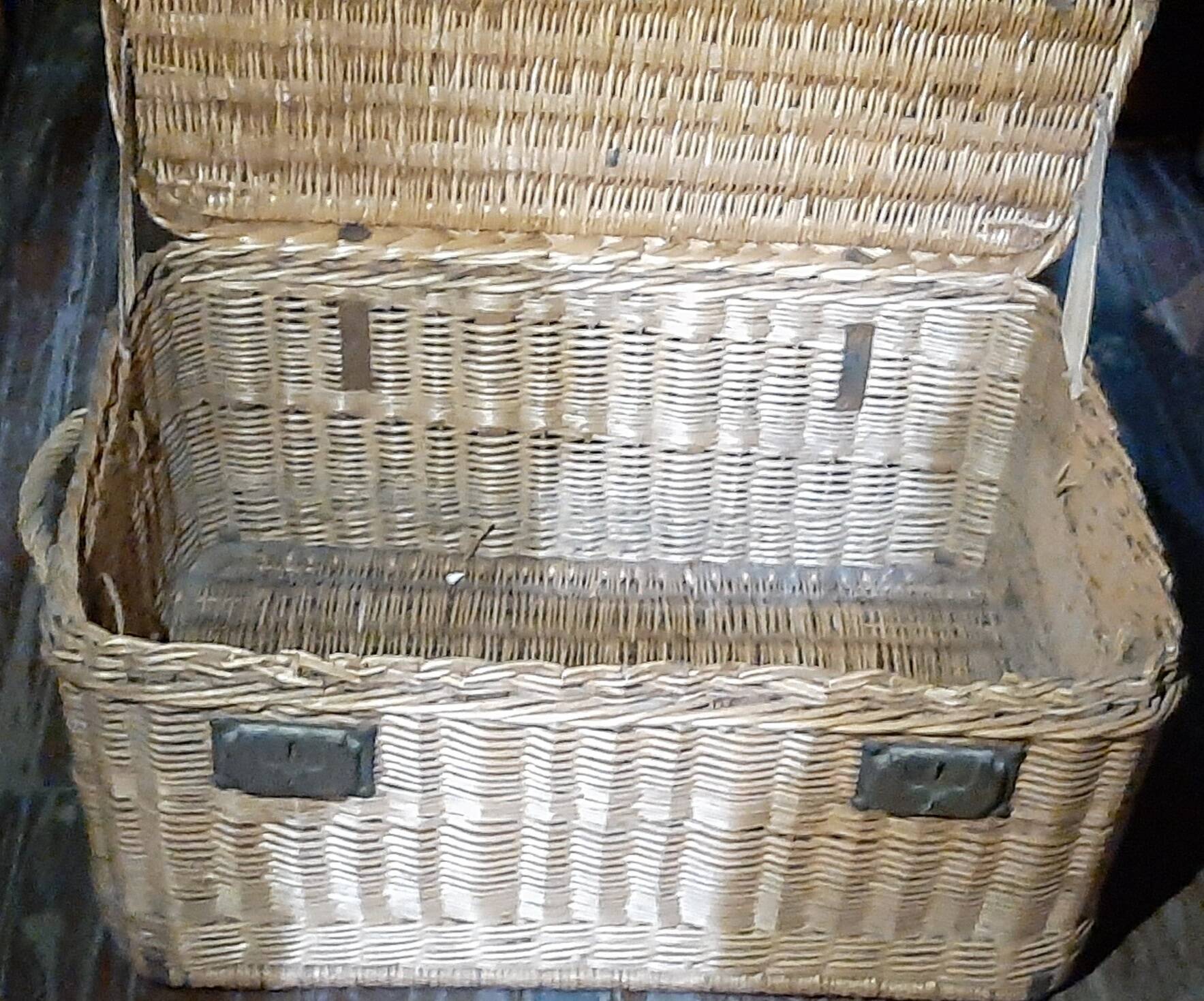 OLD WICKER STEEL AND WOOD TRAVEL TRUNK