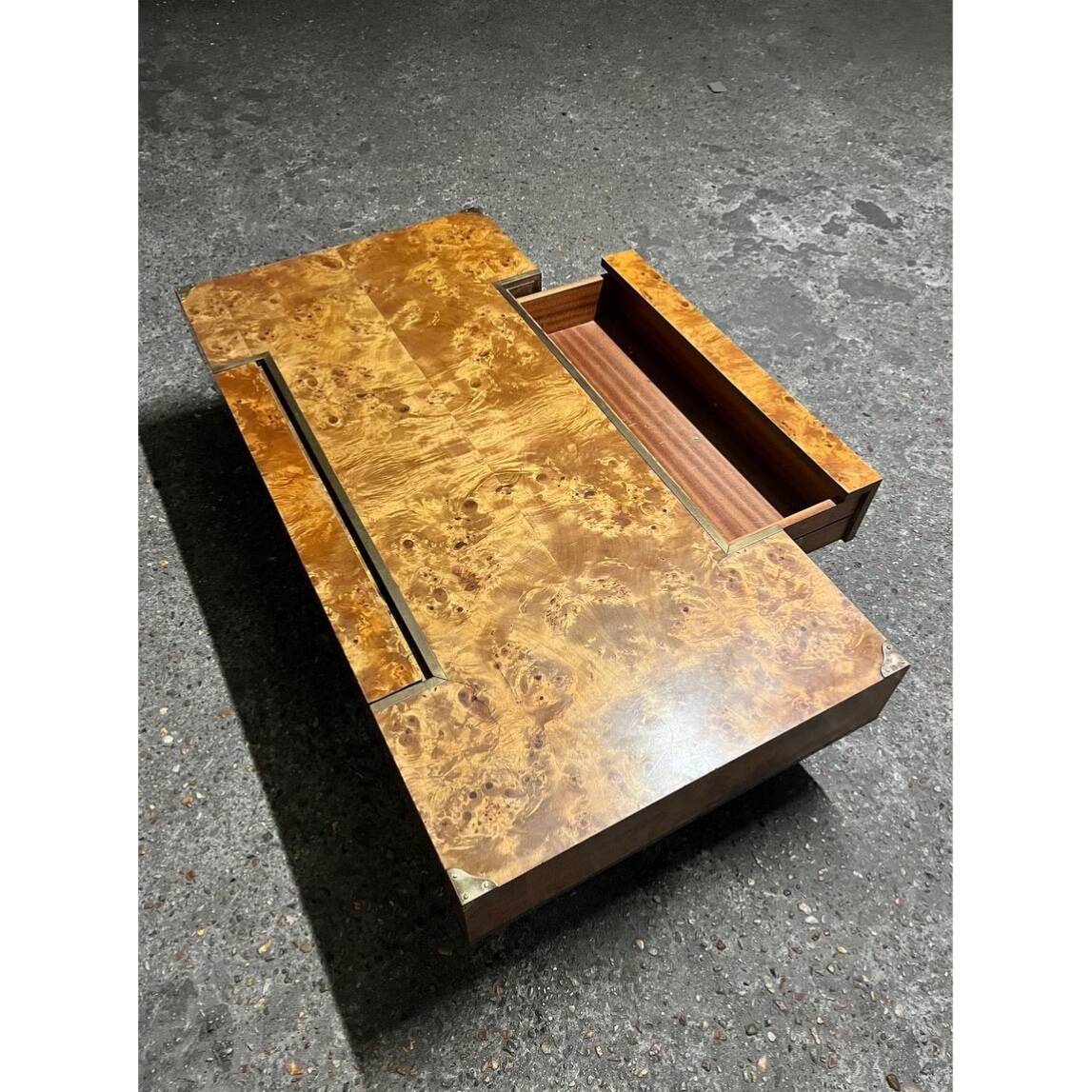 Elm burl coffee table with integrated drawers, Roche Bobois 1970