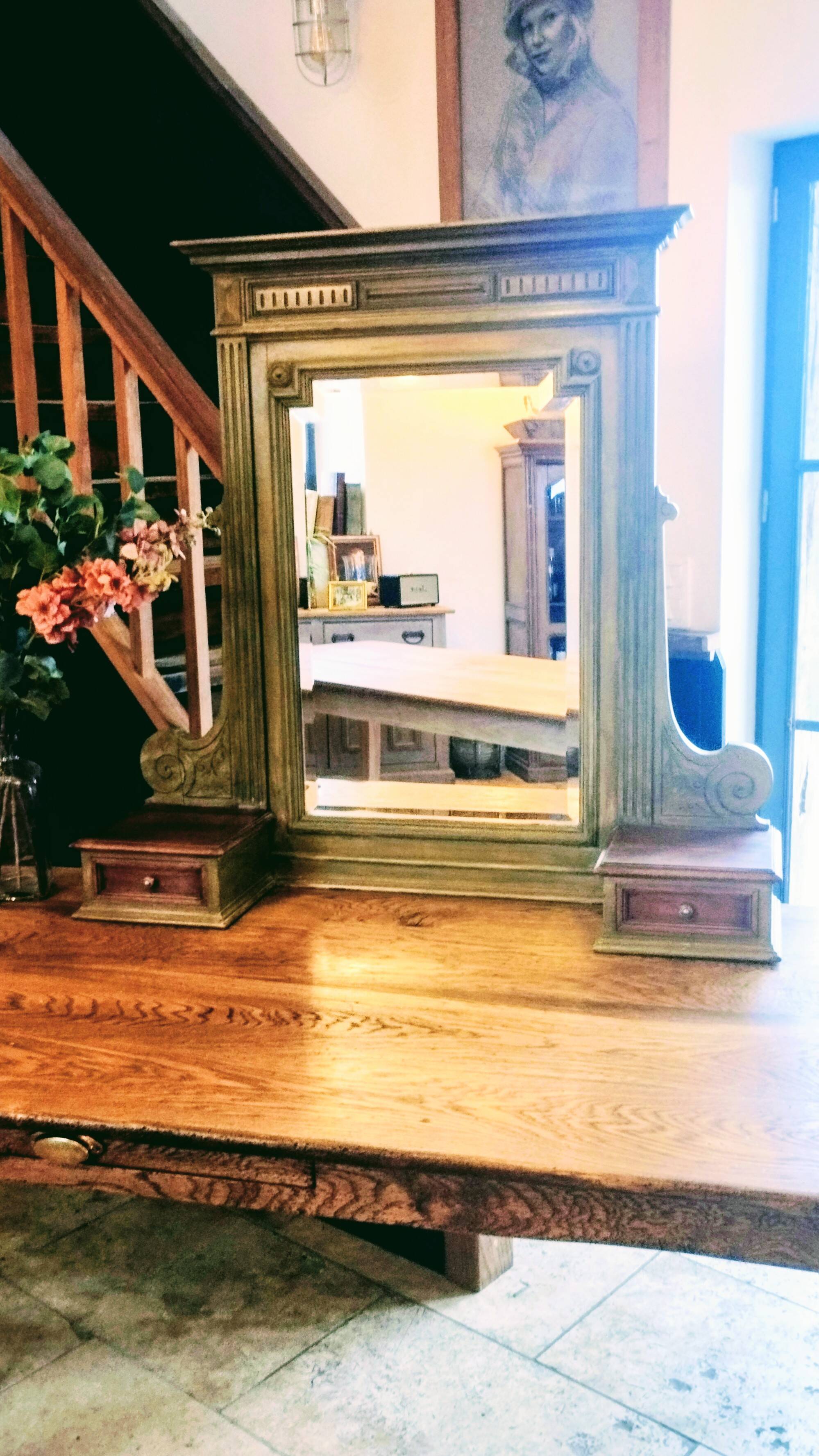 Antique bevelled mirror Farrow and Ball "Green Bancha"