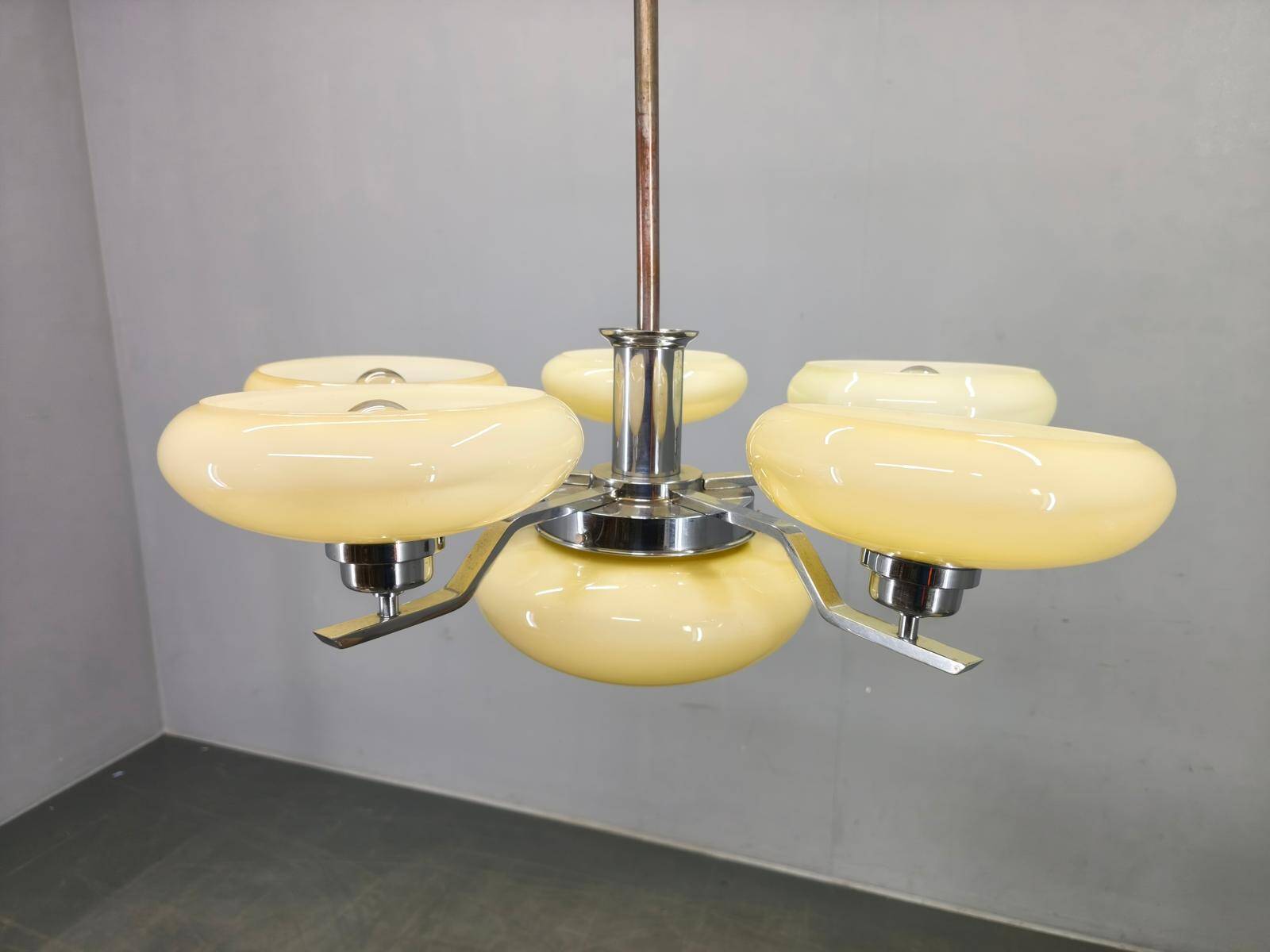 Art Deco Chrome Chandelier with Six Opaline Glass Shades, 1930s