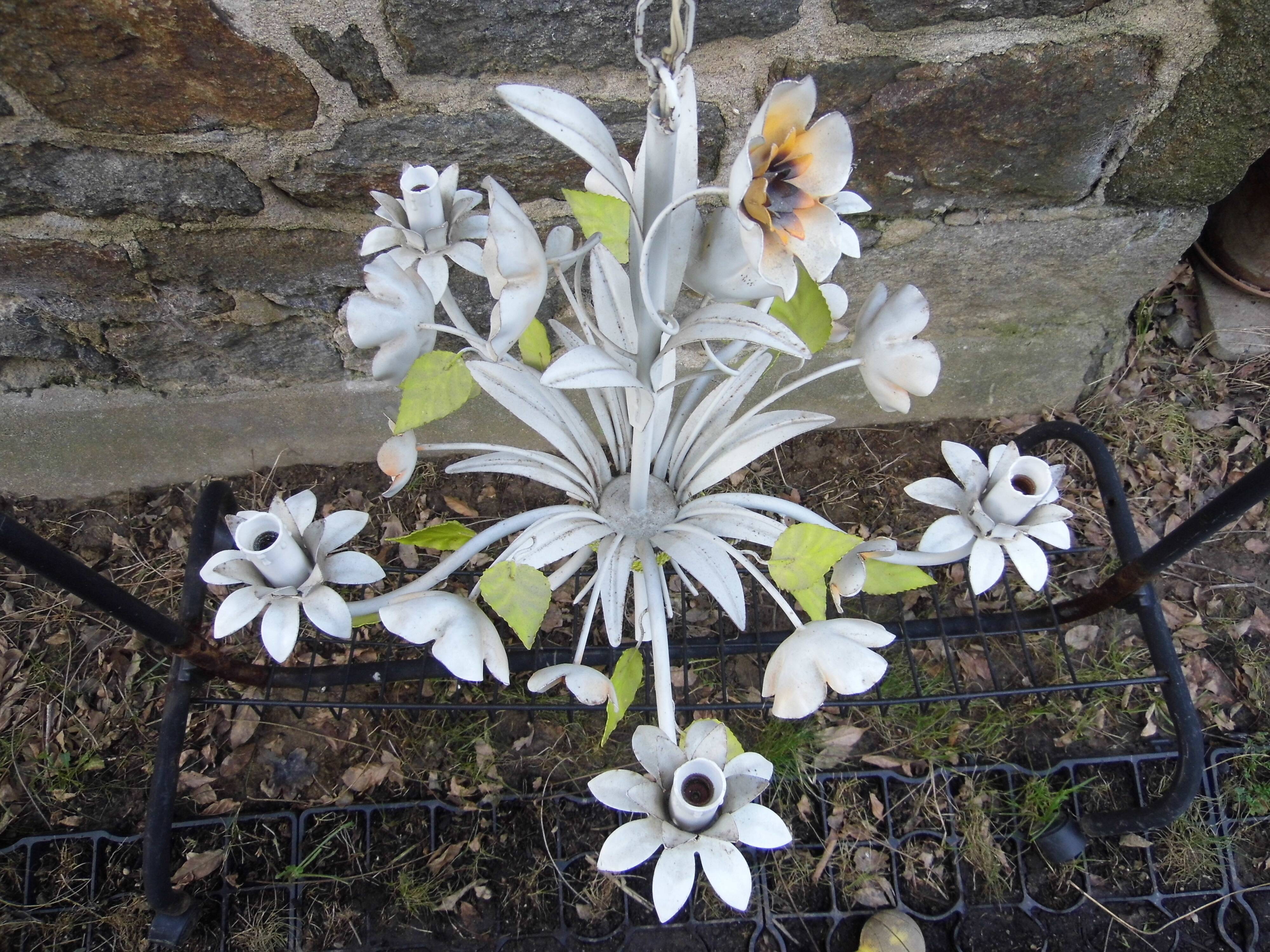 chandelier, painted sheet metal suspension, floral décor, vintage 80s