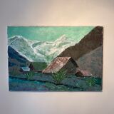 Ancient painting, mountain landscape, signed and dated 73
