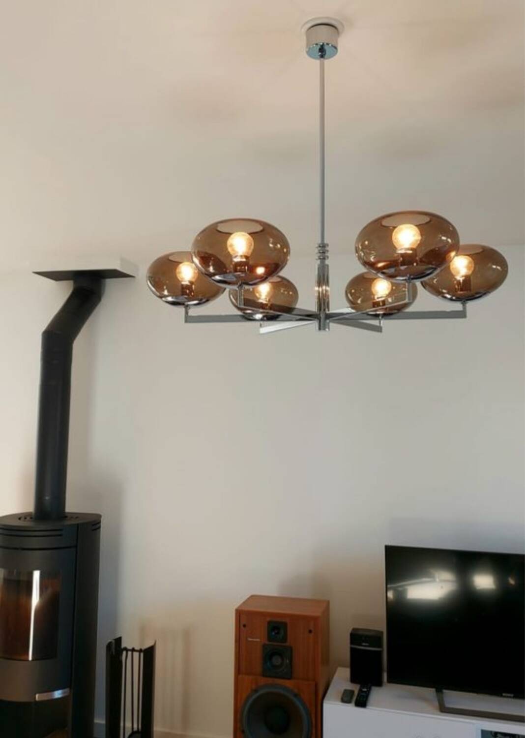 6-light chandelier  Sciolari, chrome and smoked glass