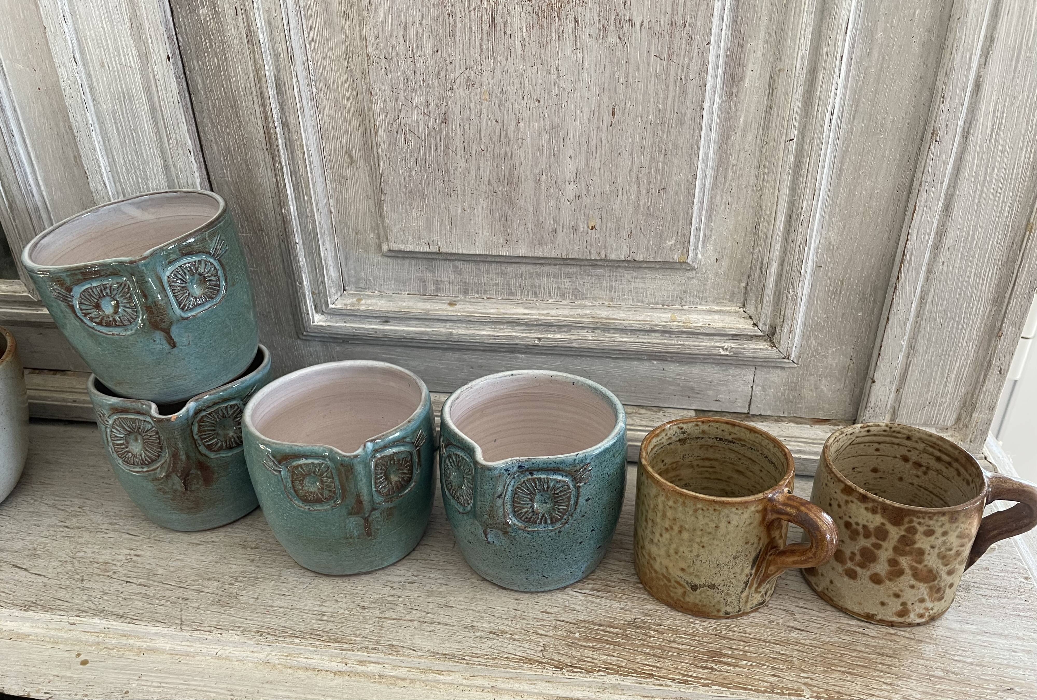 Set 6 vintage ceramic owl mugs