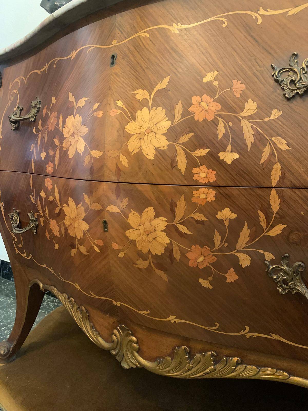 Walnut chest of drawers with marquetry and marble, 1958