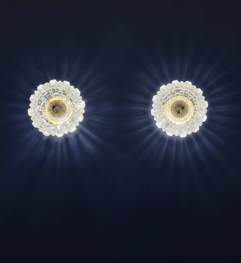 2 vintage brass and pressed glass wall lights Brutalist style 1960-70