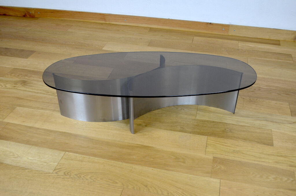 Vintage coffee table brushed steel and glass 1970