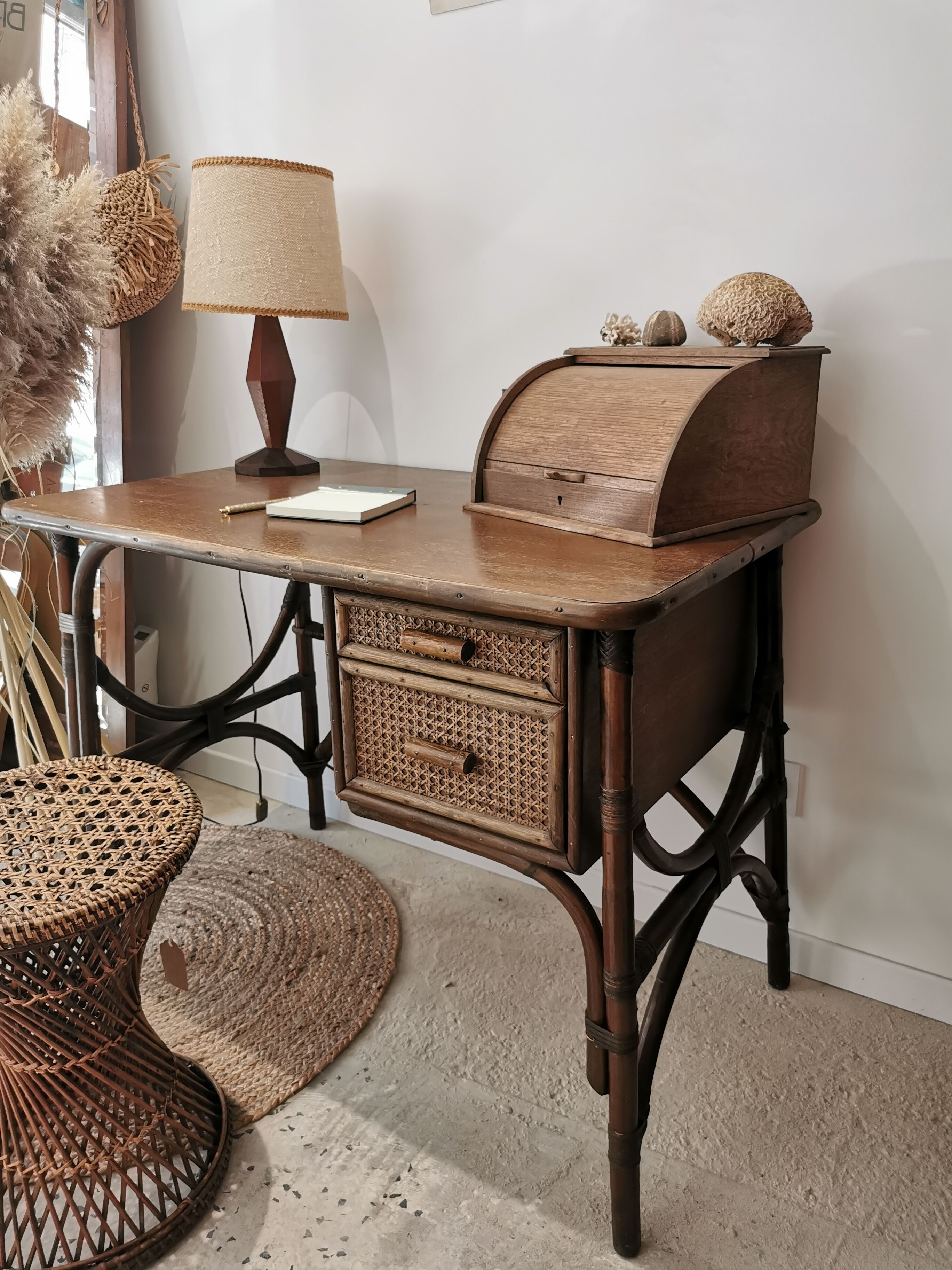 Rattan desk and vintage canning