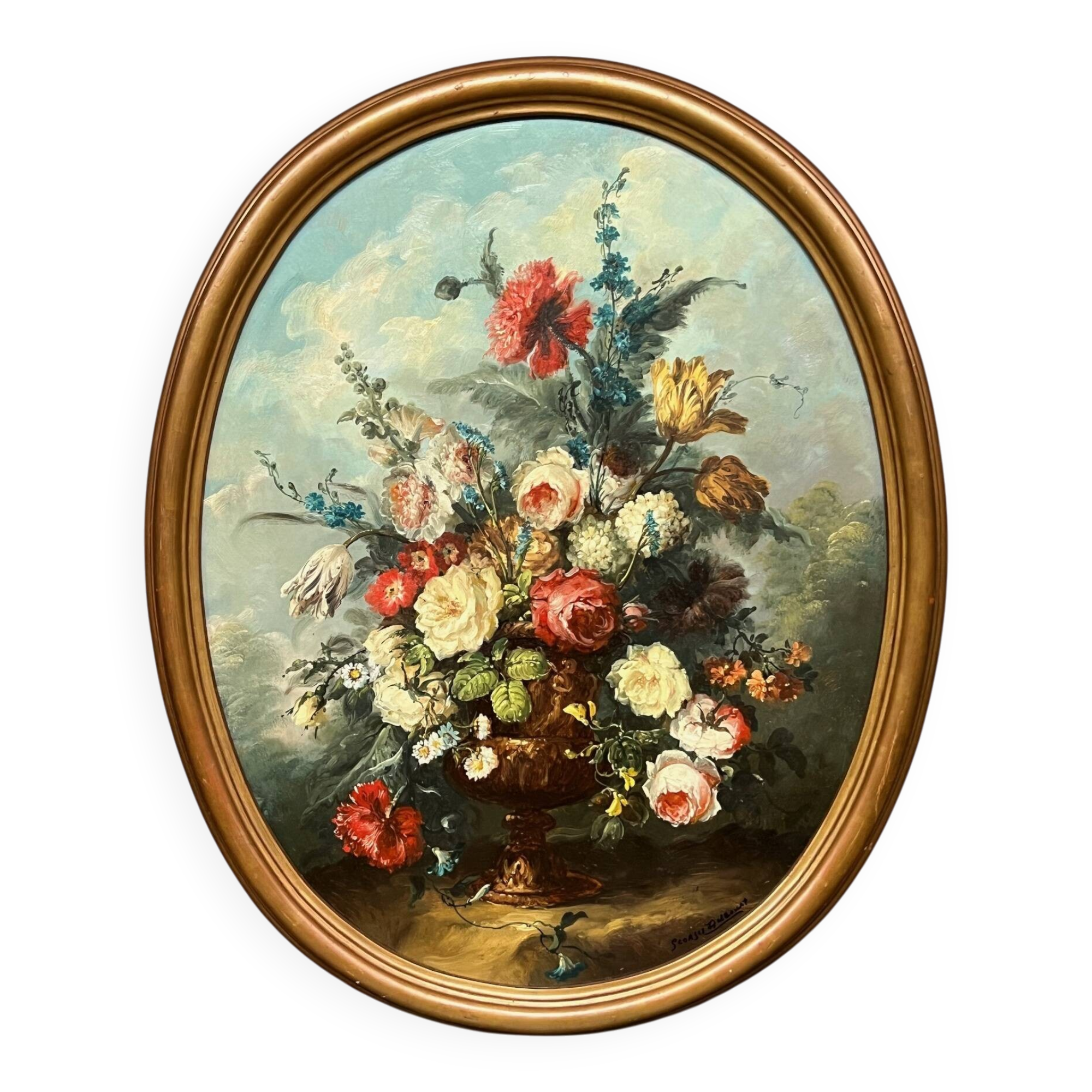 Georges Delcourt. Antique still life signed with flowers. Oil on canvas and panel.