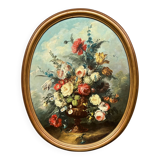 Georges Delcourt. Antique still life signed with flowers. Oil on canvas and panel.