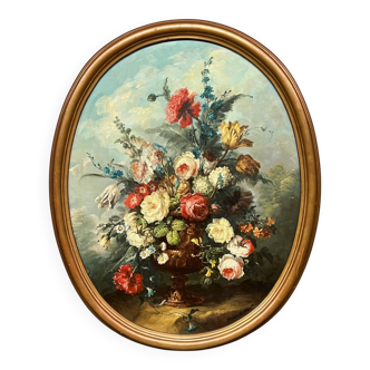 Georges Delcourt. Antique still life signed with flowers. Oil on canvas and panel.