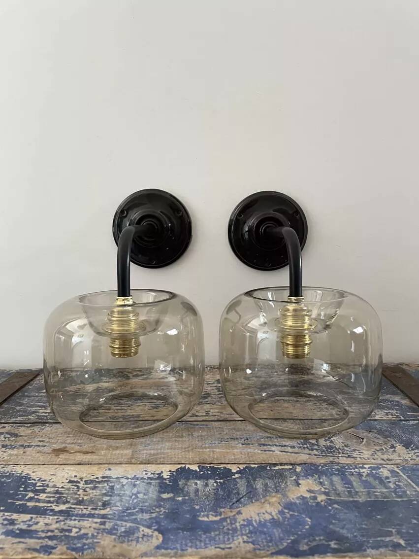 Pair of vintage smoked glass wall lights