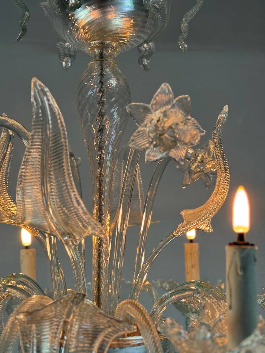 Venetian chandelier in colorless murano glass, 6 arms of light circa 1950