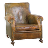Fauteuil à roulettes anglais en cuir de vachette vert antique