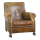 Green antique English cowhide leather armchair on wheels