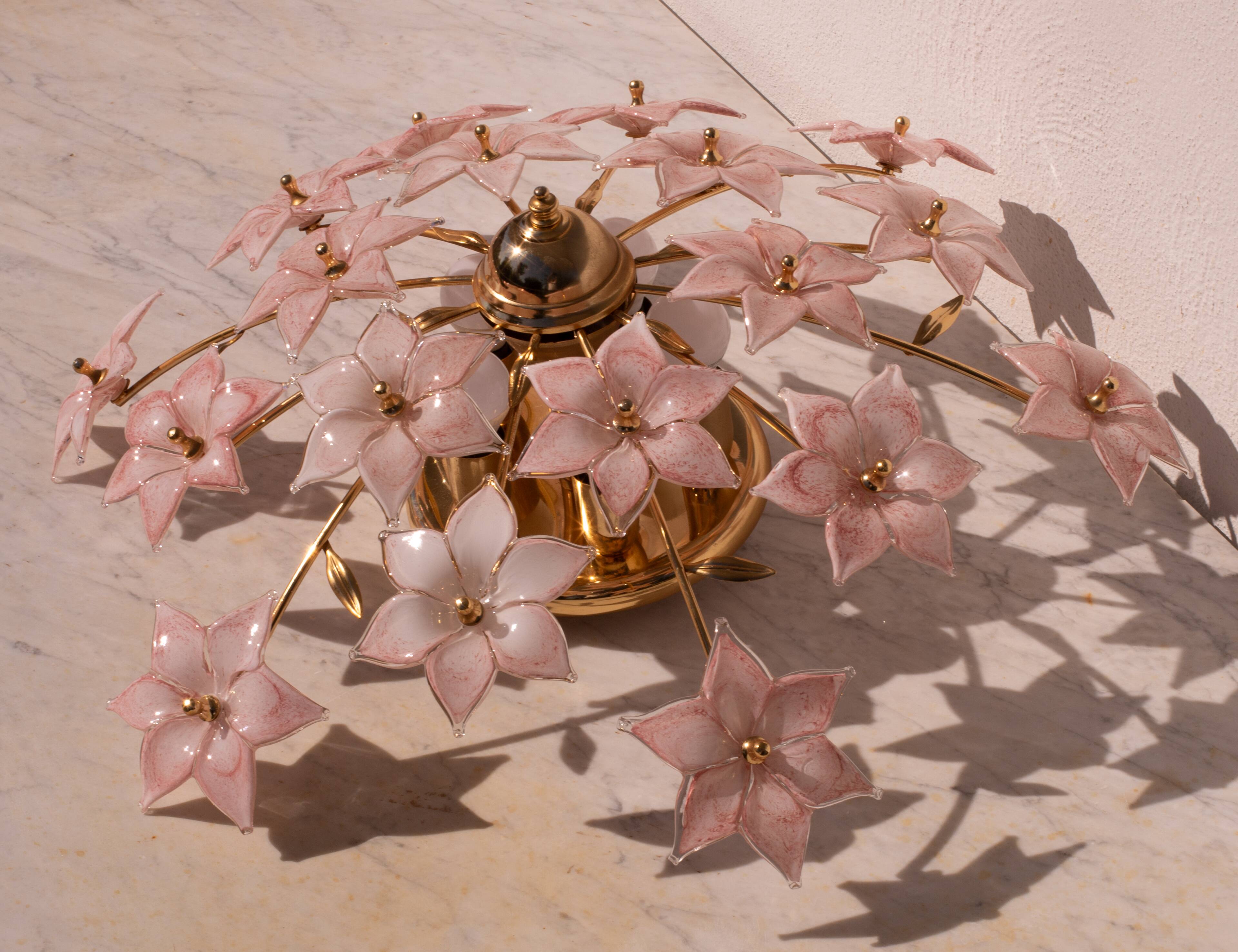 Murano vintage ceiling light pink flowers, 1970s