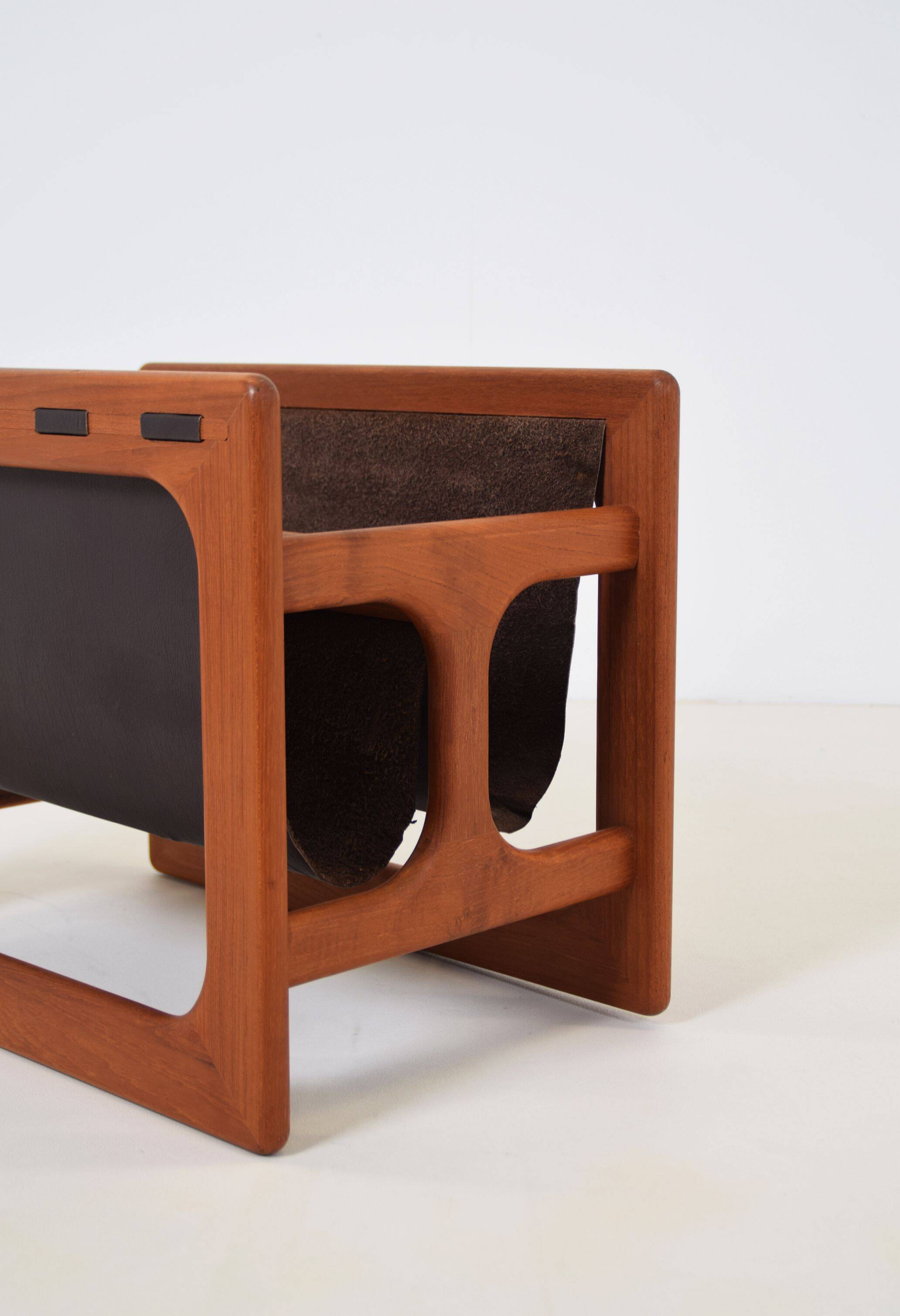 Danish double magazine holder in teak and leather by Salin Møbler, 1970s
