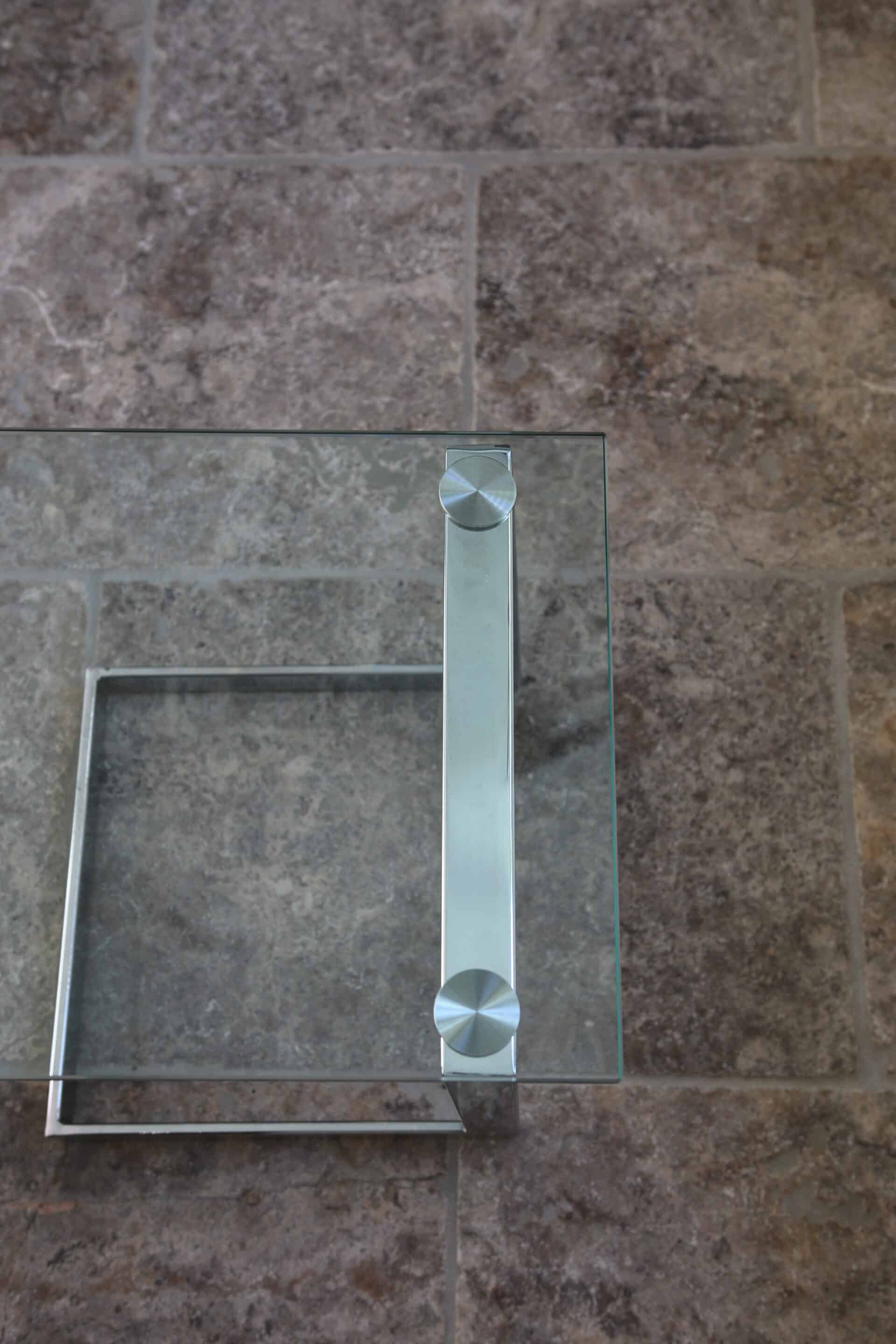 Table d’appoint verre, chrome  « Gebra », années 80, étiquette d'origine