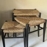 Vintage straw nesting stools, 60s design