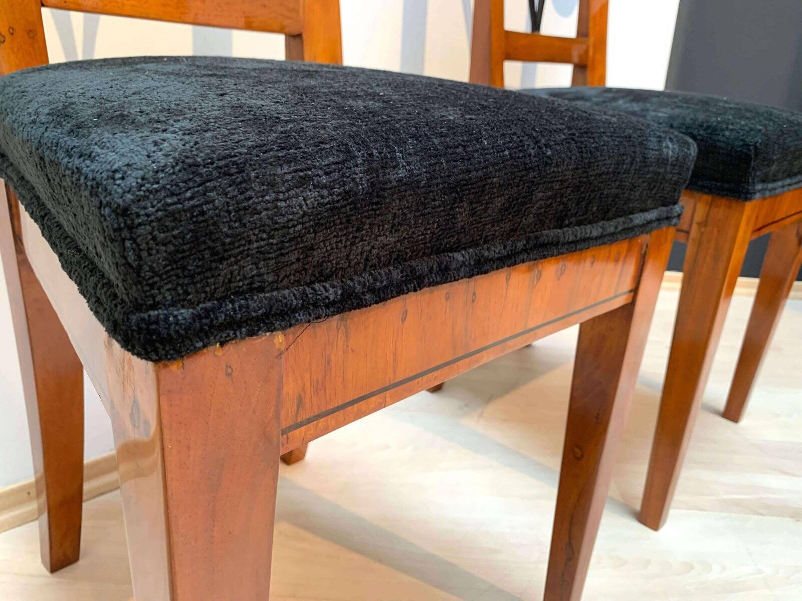 Set of Pair of Biedermeier Shovel Chairs, Walnut, Ink Painting, South Germany, 1830s