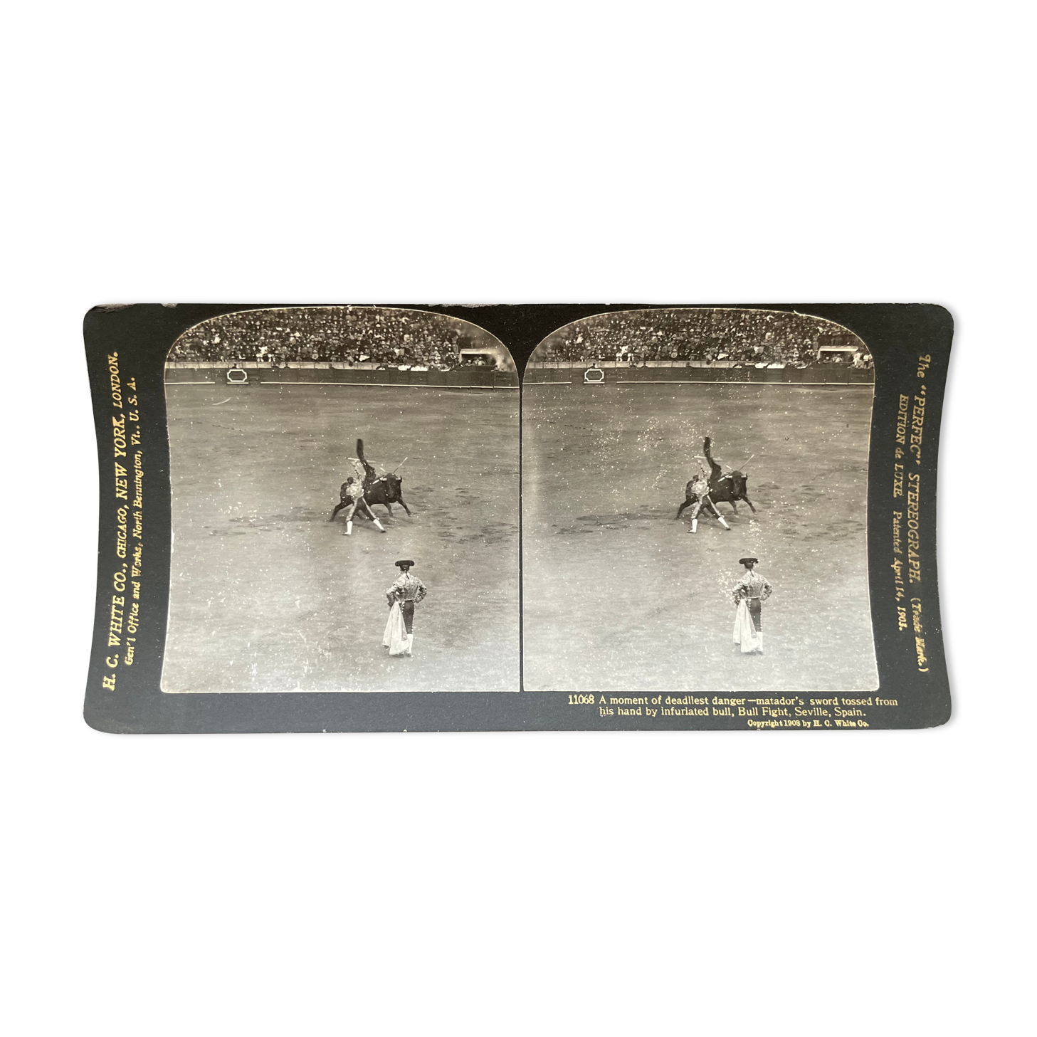 Old photography stereo, stereograph, luxury albumine 1903 Bull race, Seville, Spain