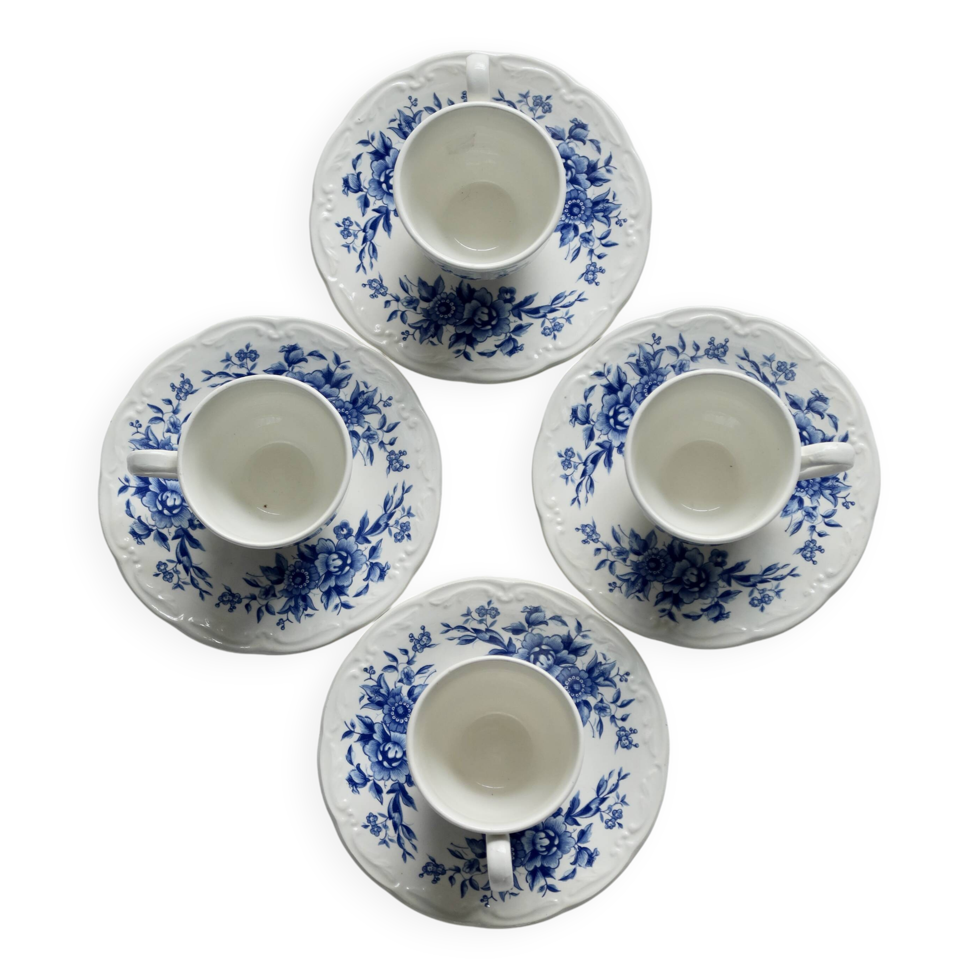 4 tasses anciennes en faïence Sarreguemines bleue et blanche - Soucoupes as