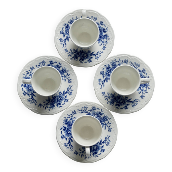 4 tasses anciennes en faïence Sarreguemines bleue et blanche - Soucoupes as