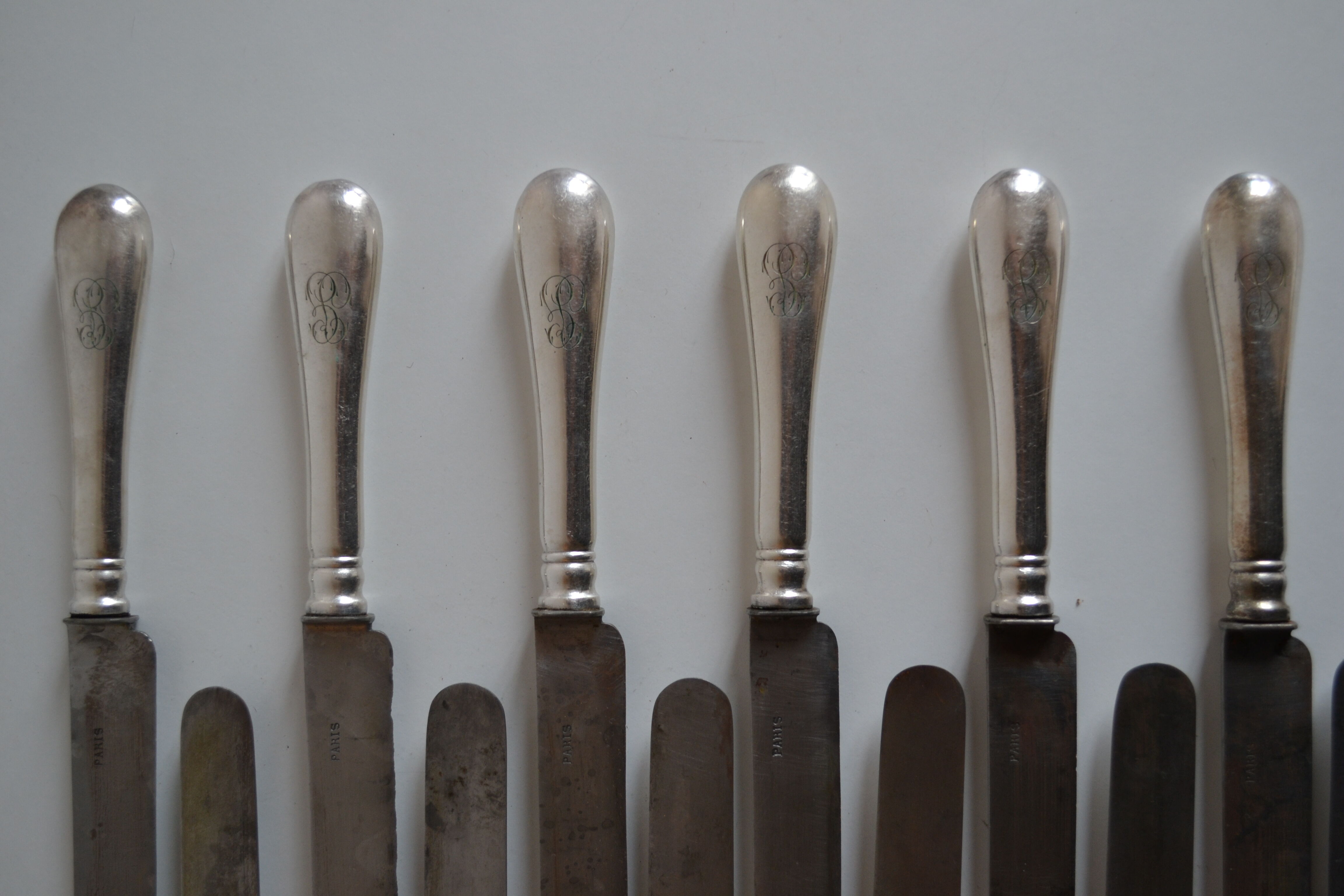 12 antique metal silver monogram table knives