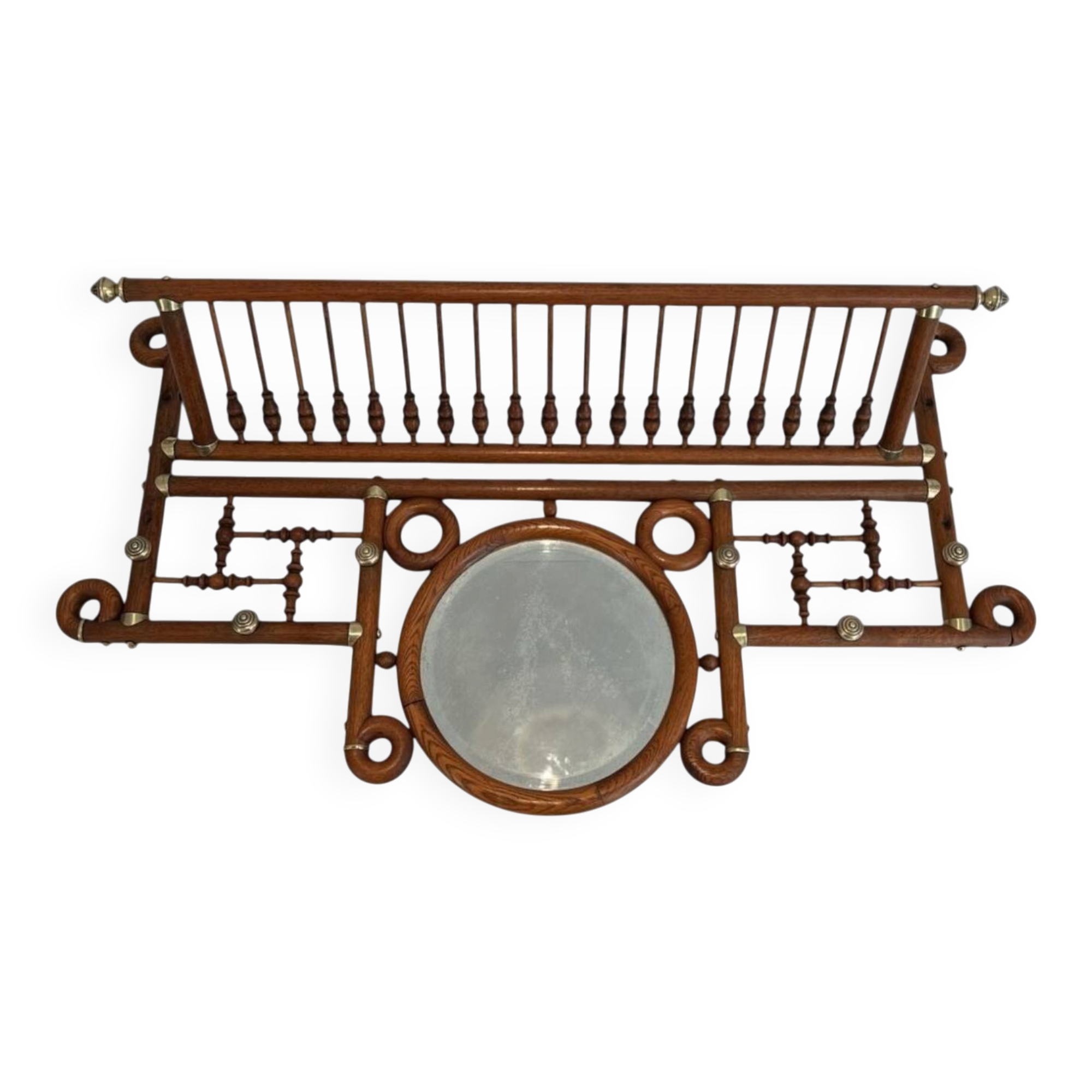 Curved Wooden and Brass Wall Coat Rack, Arts & Crafts, Austria, glass