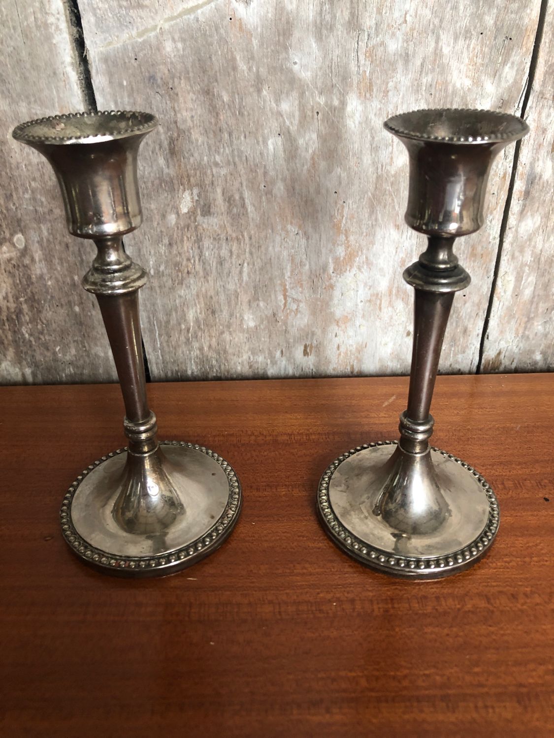 Old pair of silver metal candlesticks vintage pearl rank