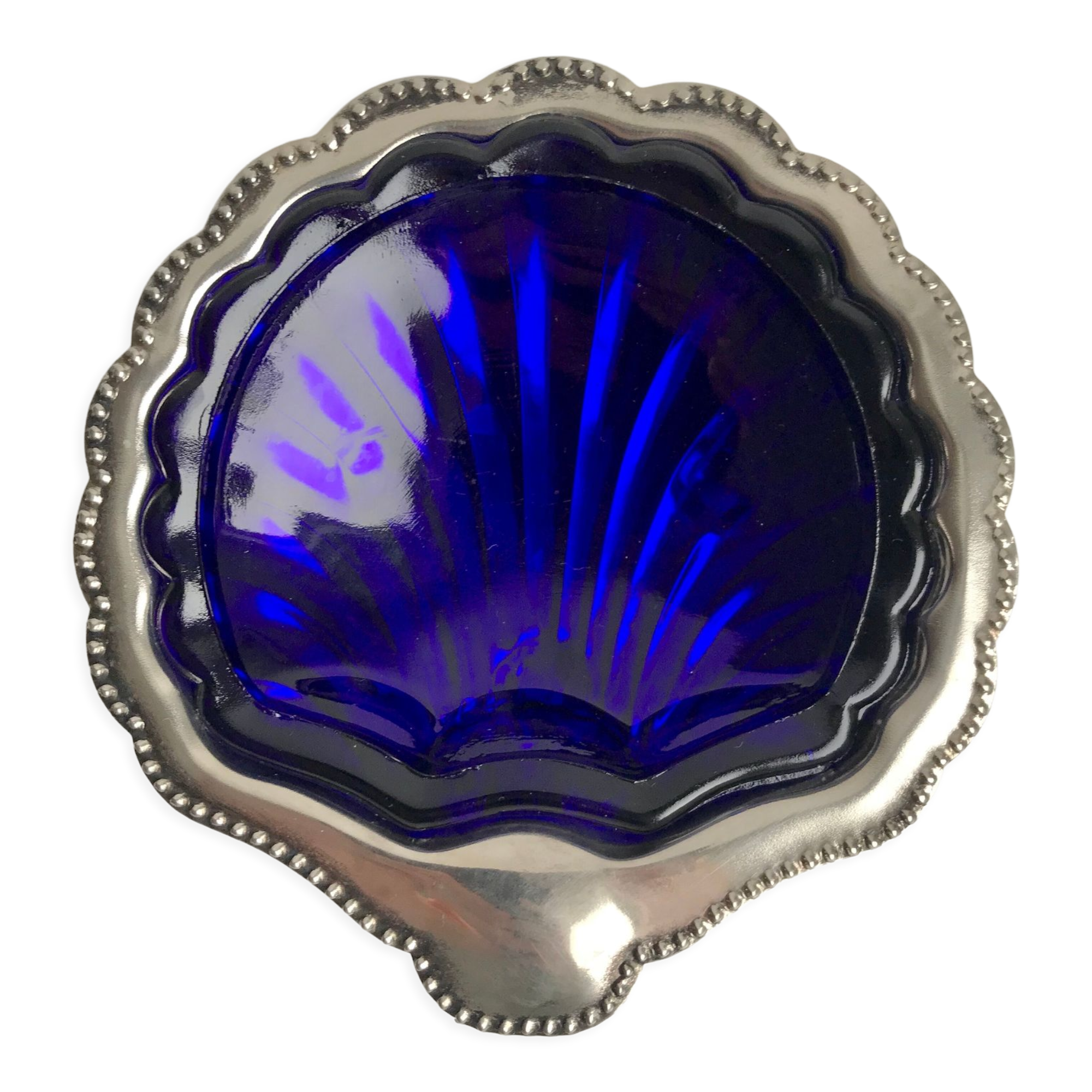 Empty-pocket / butter bowl shell in silver metal and blue glass 60s