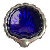 Vide-poche / beurrier coquillage en métal argenté et en verre bleu années 60