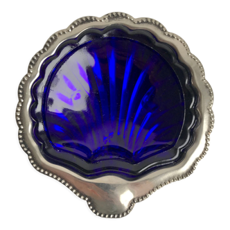 Vide-poche / beurrier coquillage en métal argenté et en verre bleu années 60