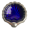 Vide-poche / beurrier coquillage en métal argenté et en verre bleu années 60