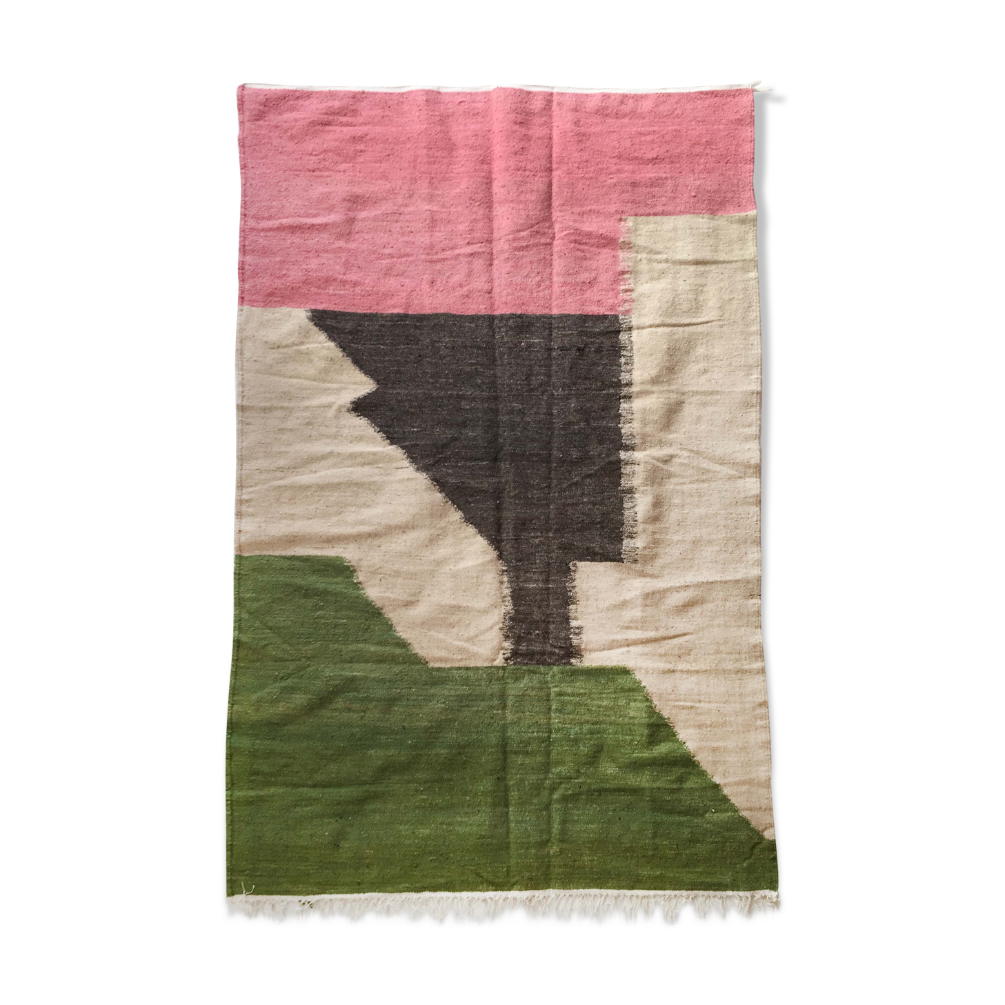 Tapis Kilim berbère marocain écru à aplats colorés 252x150cm