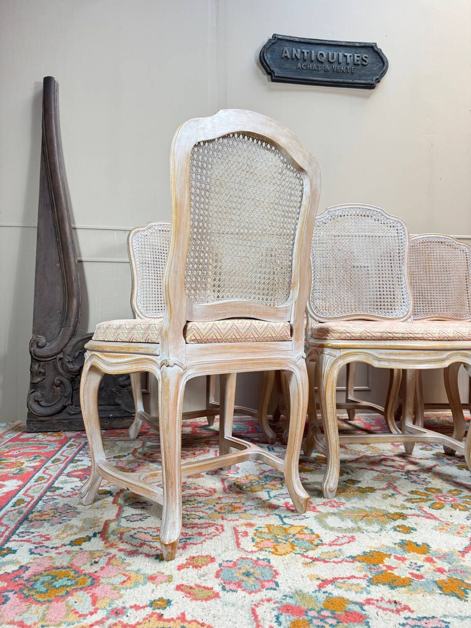 Set of six Louis XV style lacquered wood caned chairs