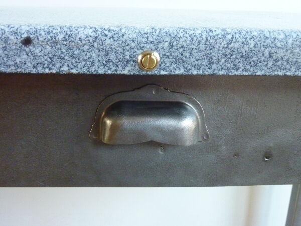 Metal kitchen table with gray speckled enameled top from the 1940s
