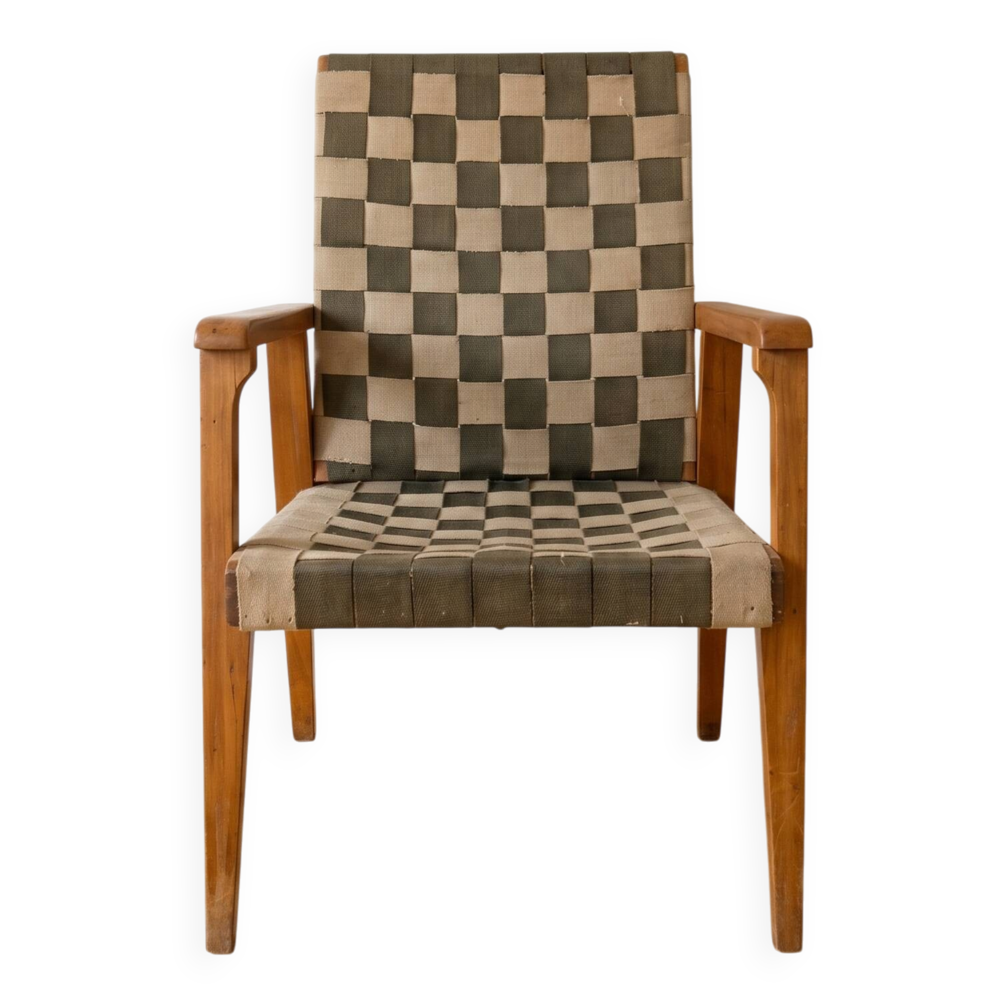 Vintage Scandinavian armchair in wood and woven strap.