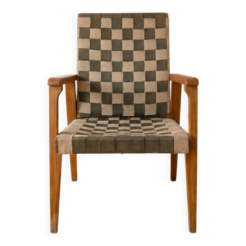 Vintage Scandinavian armchair in wood and woven strap.
