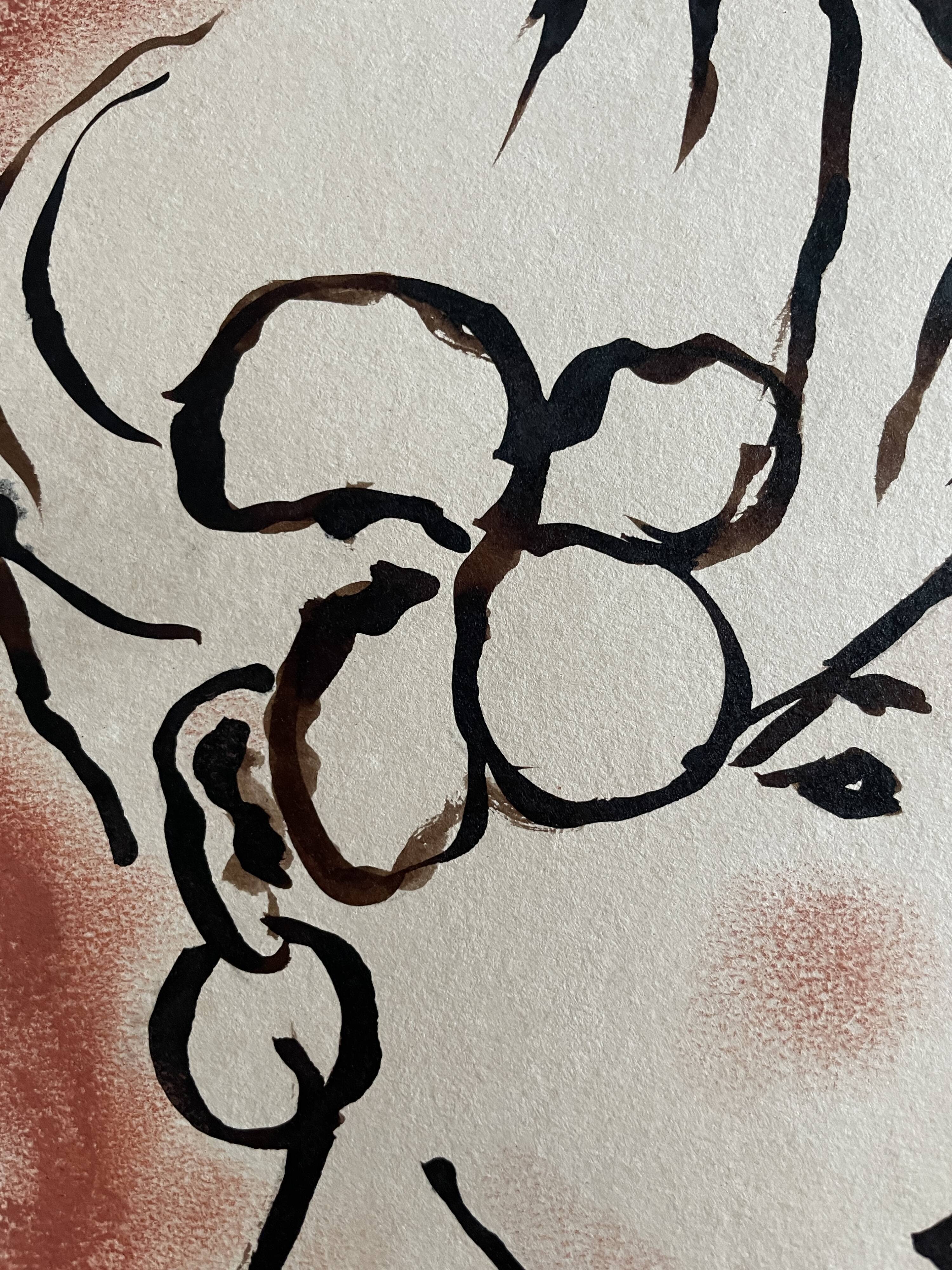 Signed painting in Indian ink and pastel, female portrait “study with a curl”