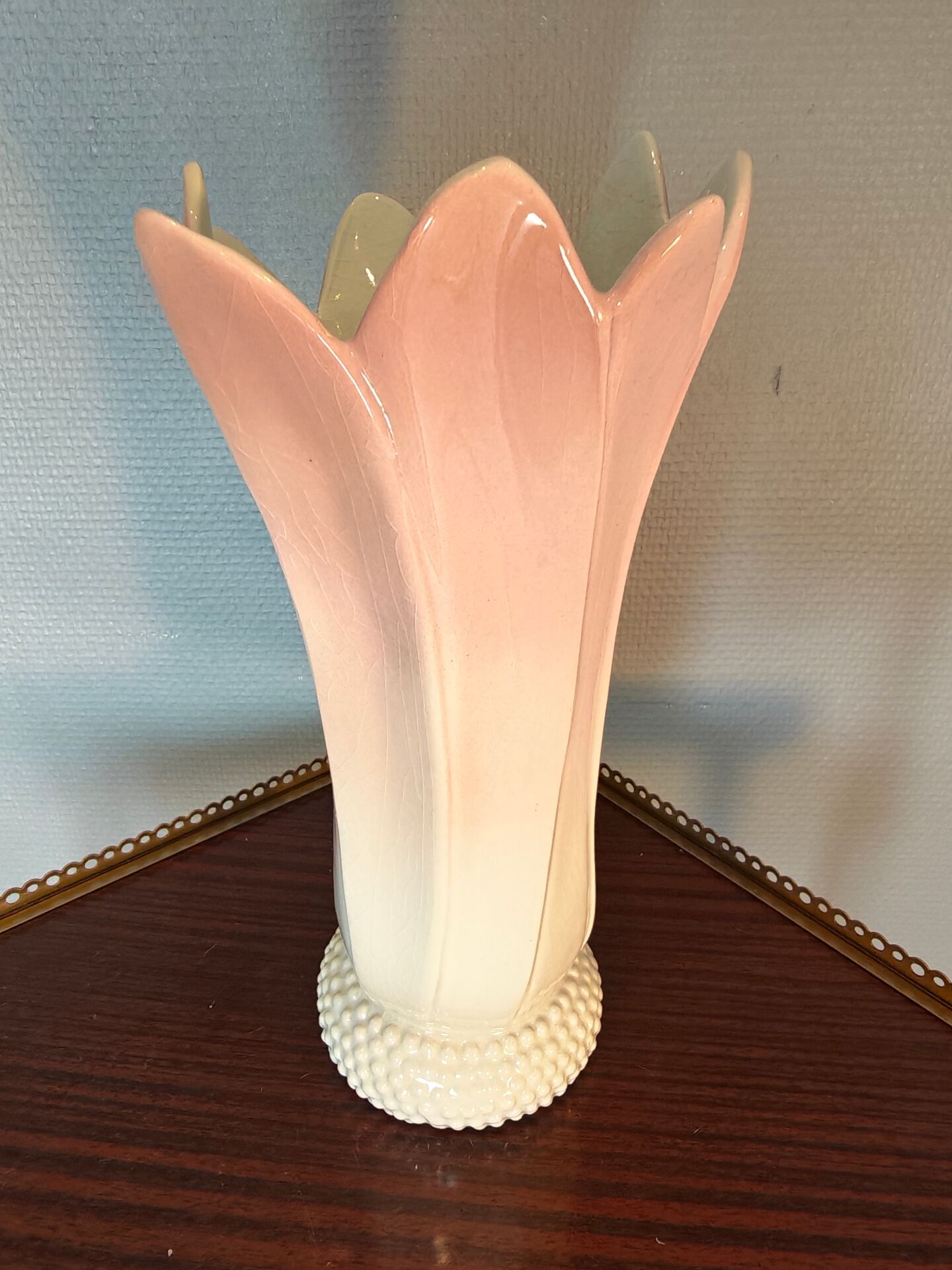 Vintage pink and white tulip vase in majolica, 1950s style.