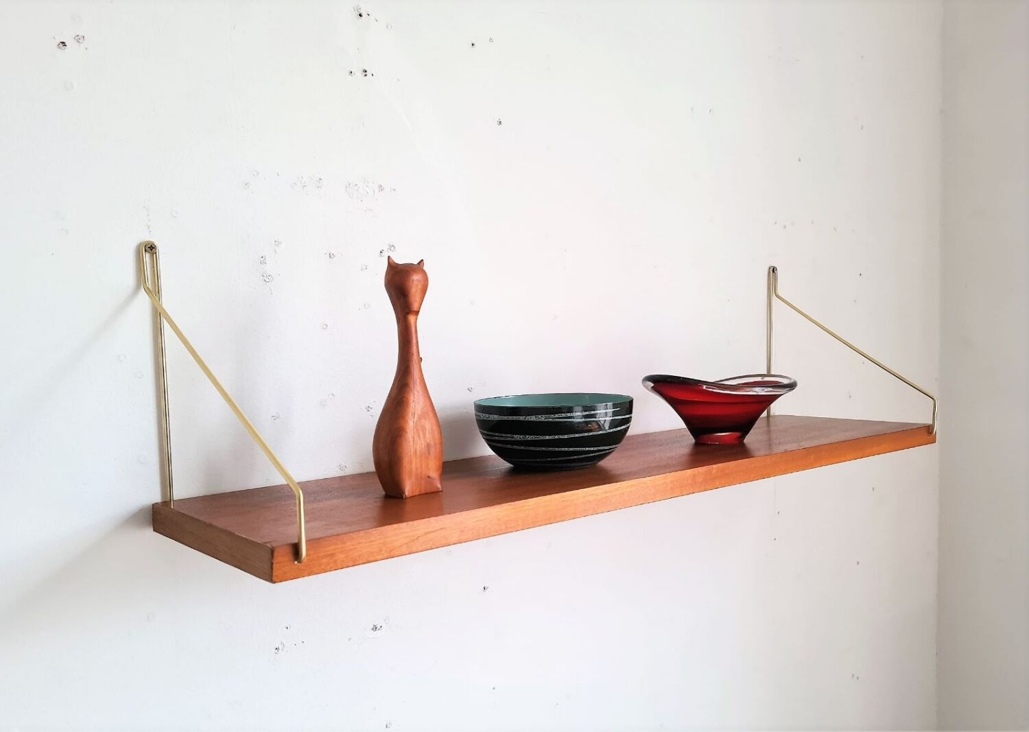 Teak and brass shelf, vintage scandinavian 1960s