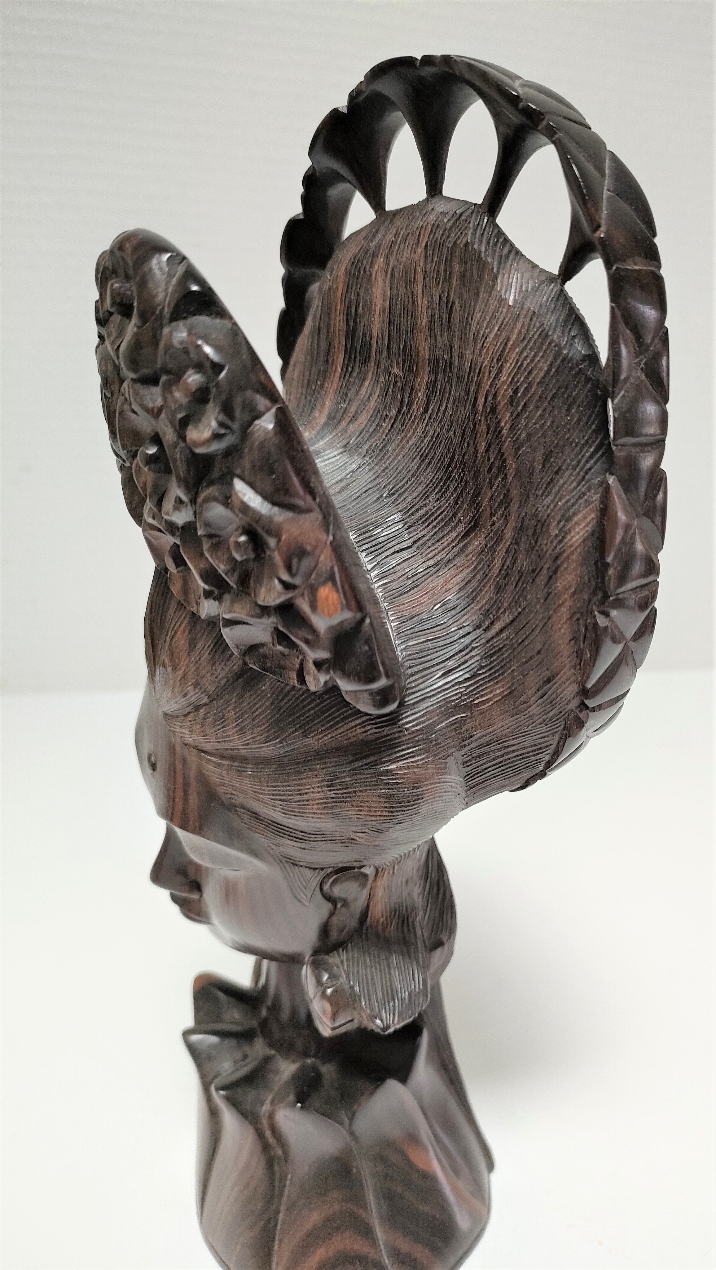 Wooden bust of woman with floral headdress sculptural work of the 60s-70s