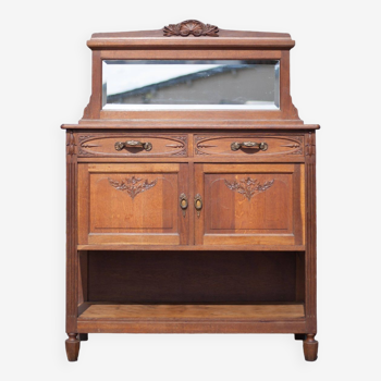 Vintage wooden serving sideboard, furniture with mirror, storage unit