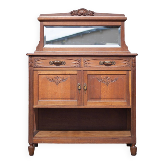 Vintage wooden serving sideboard, furniture with mirror, storage unit